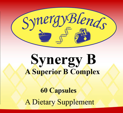 Synergy B, superior B Complex dietary supplement, helps stress response, energy, immune, brain function